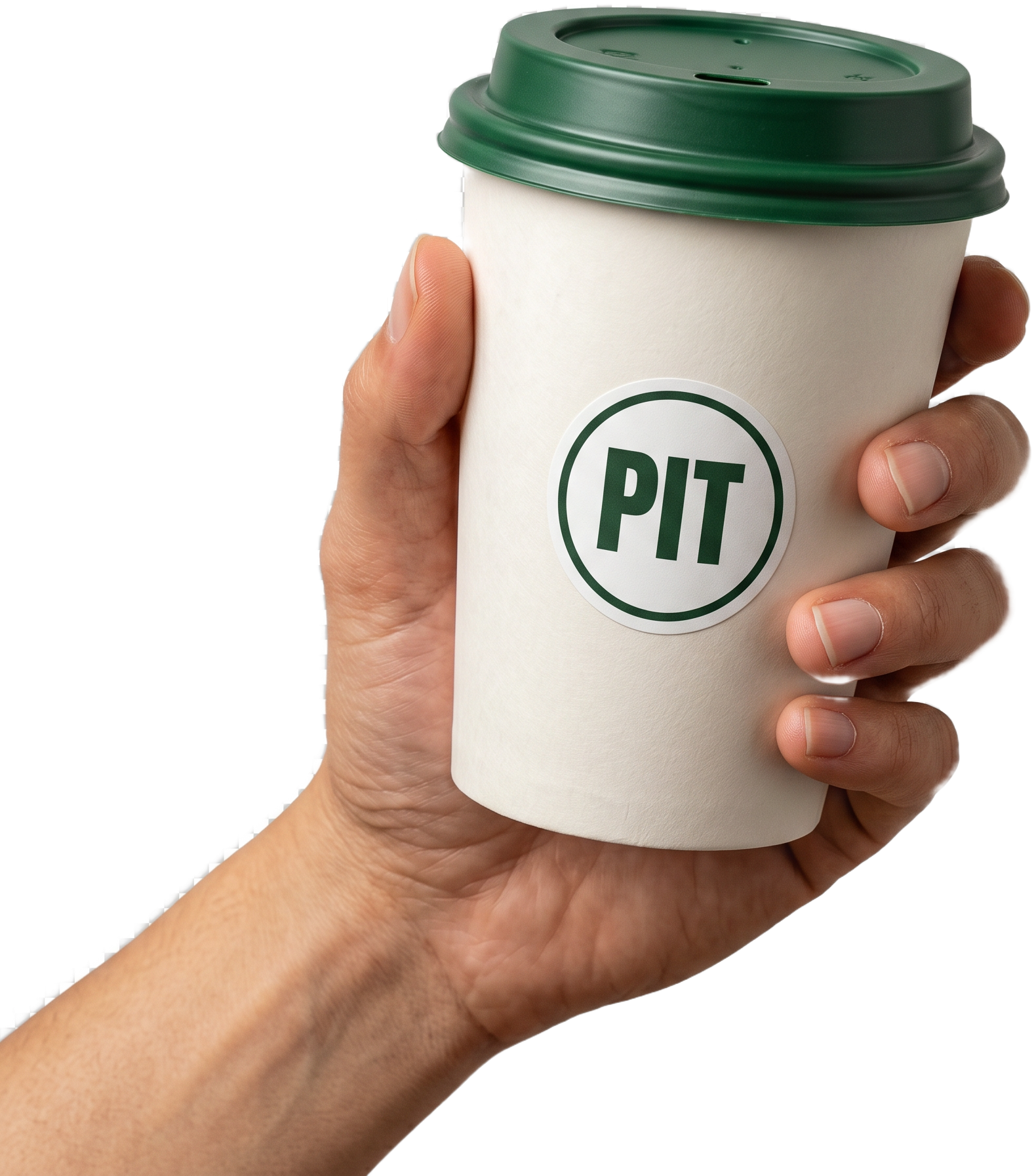 Hand met een verse PIT koffie to go